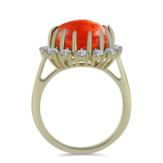 Pozlátený Strieborný Prsteň s Červeným Hubovitým Koralom a Bielym Topásom