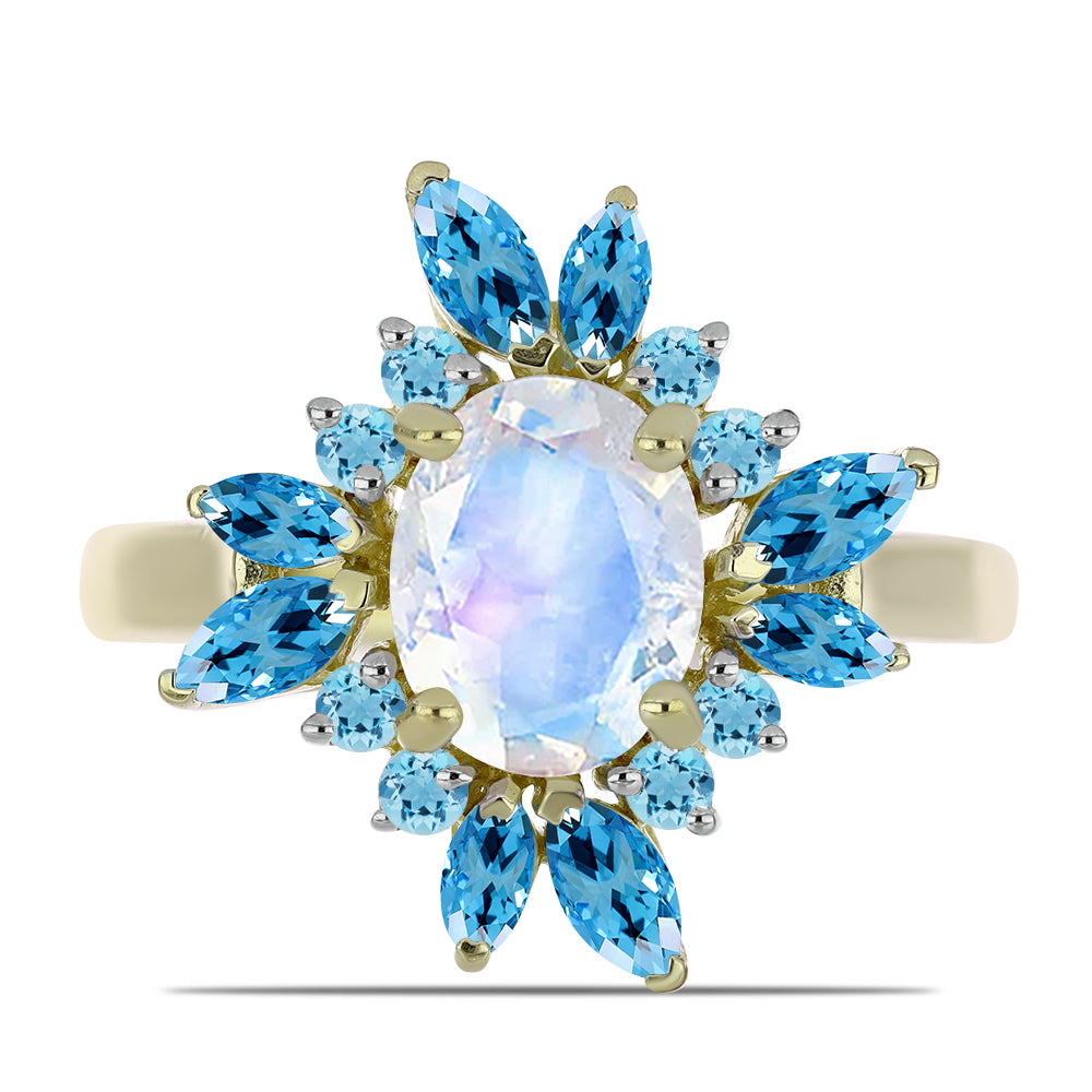 Pozlátený Strieborný Prsteň s Dúhovým Mesačným Kameňom a so Švajčiarskym Modrým Topásom