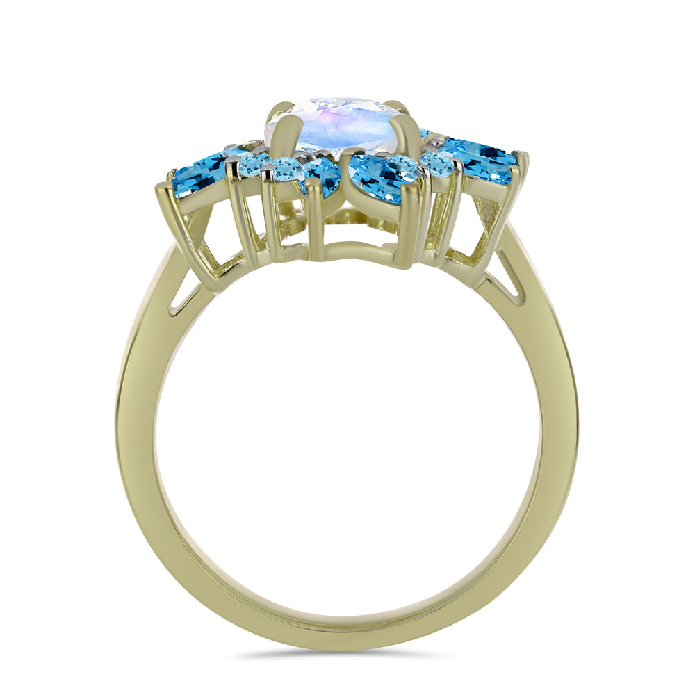 Pozlátený Strieborný Prsteň s Dúhovým Mesačným Kameňom a so Švajčiarskym Modrým Topásom 2 