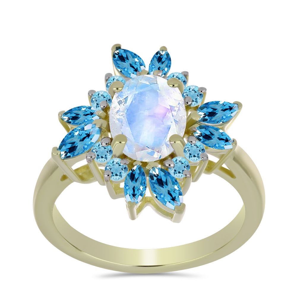 Pozlátený Strieborný Prsteň s Dúhovým Mesačným Kameňom a so Švajčiarskym Modrým Topásom