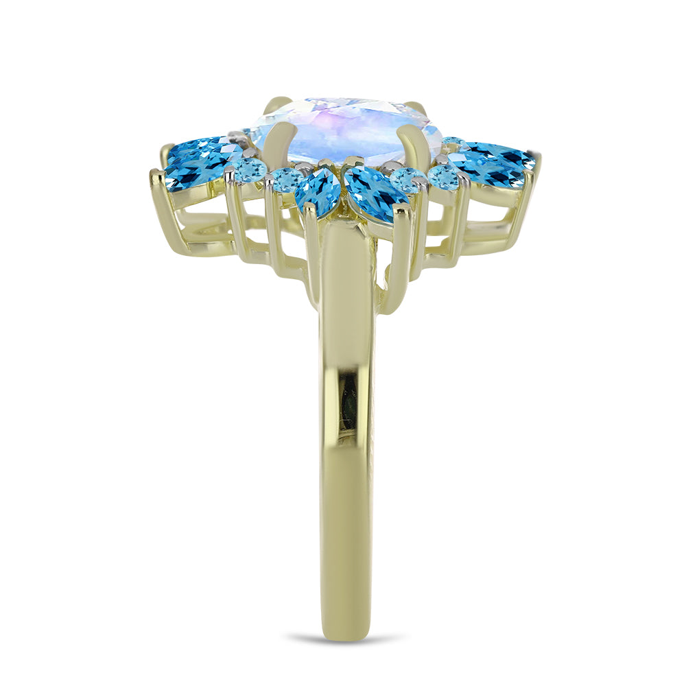 Pozlátený Strieborný Prsteň s Dúhovým Mesačným Kameňom a so Švajčiarskym Modrým Topásom 4 