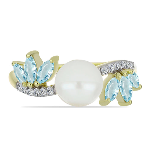 Pozlátený Strieborný Prsteň s Bielou Sladkovodnou Perlou a Akvamarínom