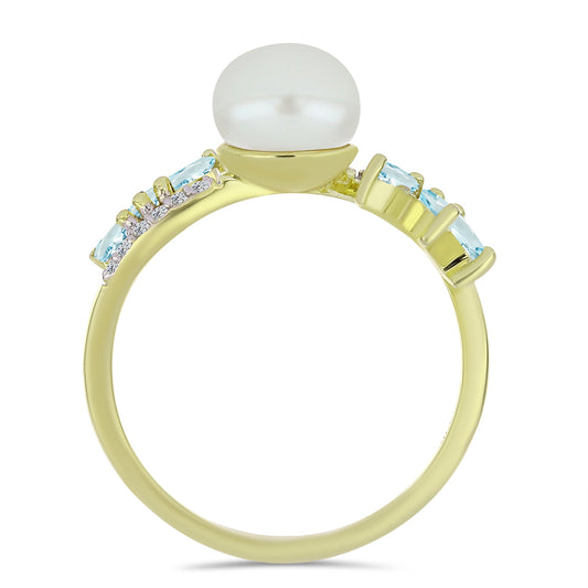 Pozlátený Strieborný Prsteň s Bielou Sladkovodnou Perlou a Akvamarínom