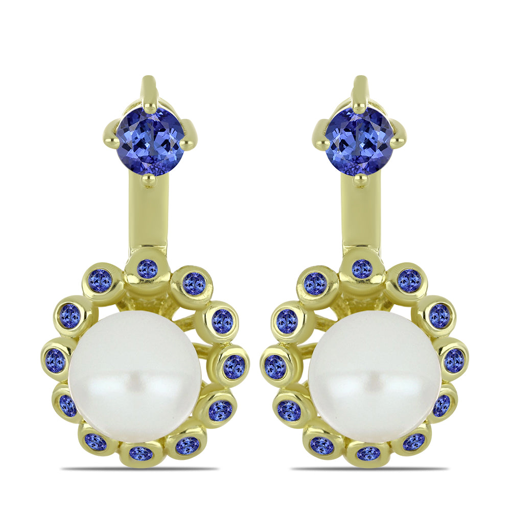 Pozlátené Strieborné Náušnice s Bielou Sladkovodnou Perlou a Tanzanitom 1 