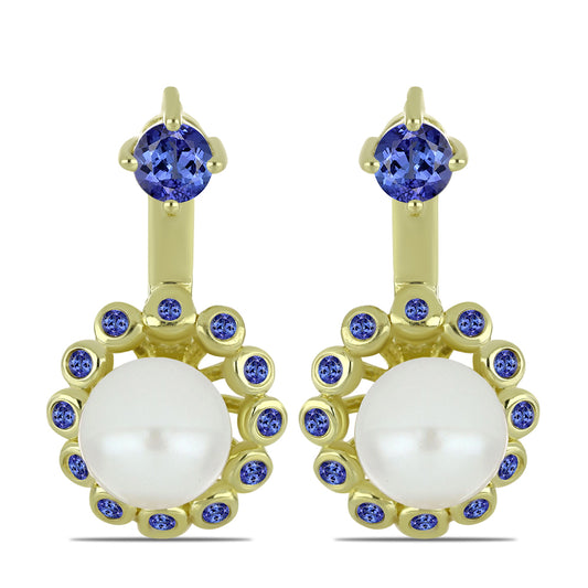 Pozlátené Strieborné Náušnice s Bielou Sladkovodnou Perlou a Tanzanitom