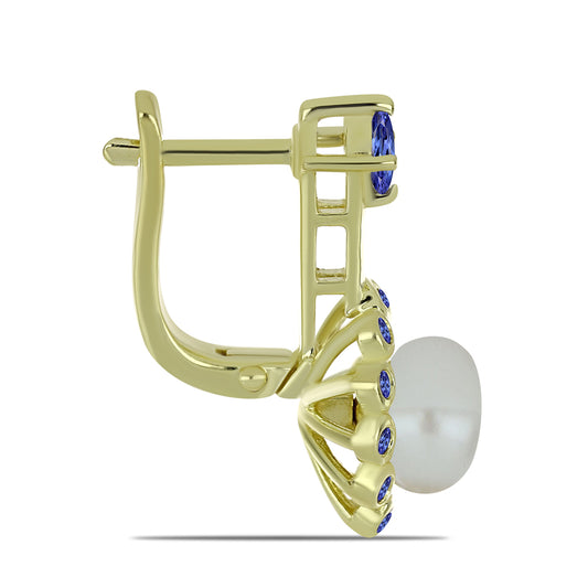 Pozlátené Strieborné Náušnice s Bielou Sladkovodnou Perlou a Tanzanitom