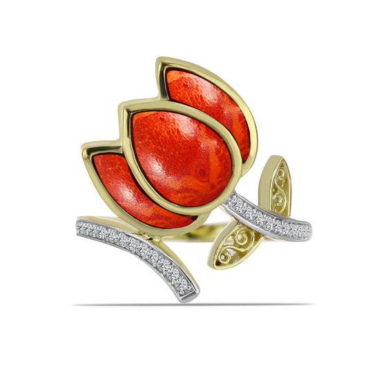 Pozlátený Strieborný Prsteň s Červeným Hubovitým Koralom a Bielym Topásom