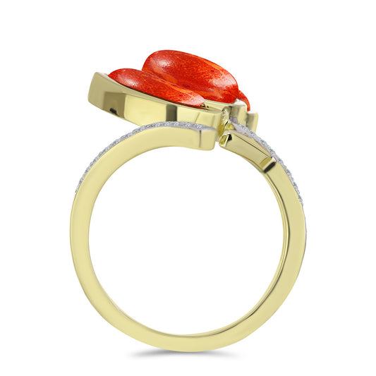 Pozlátený Strieborný Prsteň s Červeným Hubovitým Koralom a Bielym Topásom