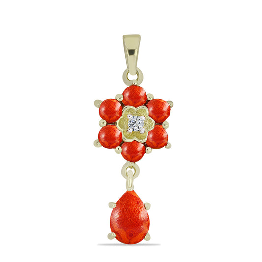Pozlátený Strieborný Prívesok s Červeným Hubovitým Koralom a Bielym Topásom