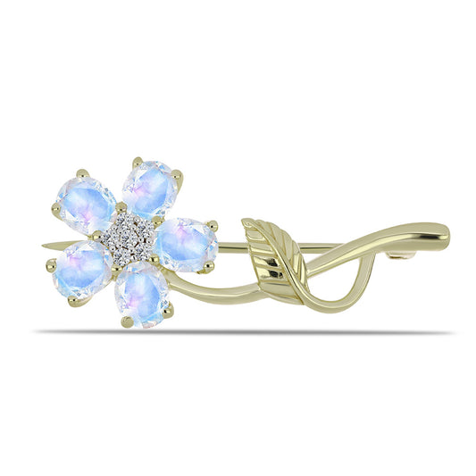 Pozlátený Strieborný Brošňa s Dúhovým Mesačným Kameňom a Bielym Topásom