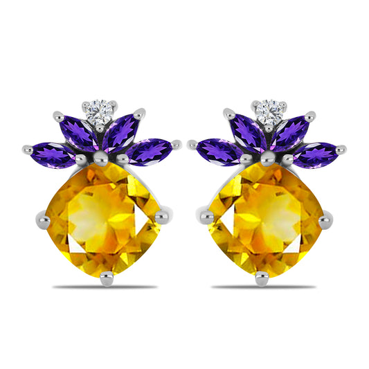 Strieborné Náušnice s Uralským Citrínom a Marockým Ametystom