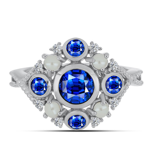 Strieborný Prsteň s Austrálskym Modrým Zafírom a so Sladkovodnou Bielou Perlou