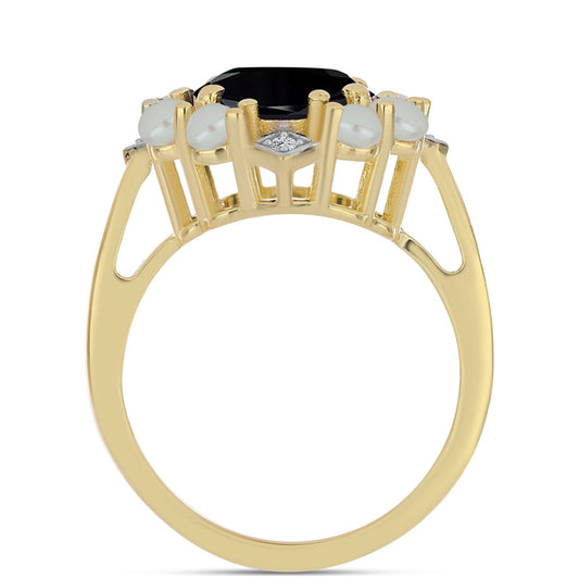 Pozlátený Strieborný Prsteň s so Sladkovodnou perlou v podobe Tahitskej zelenej ilúzie a Čiernym Ónyxom