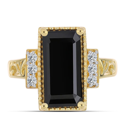 Pozlátený Strieborný Prsteň s Čiernym Ónyxom a Bielym Topásom