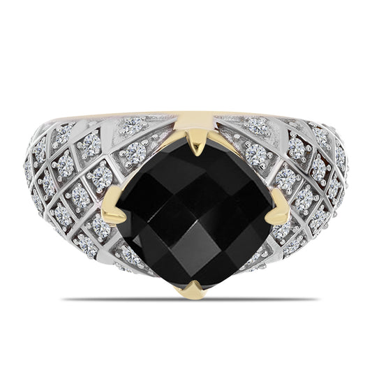 Pozlátený Strieborný Prsteň s Čiernym Ónyxom a Bielym Topásom