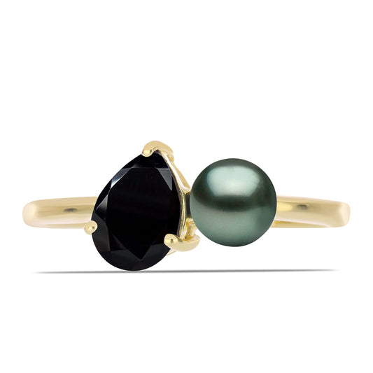 Pozlátený Strieborný Prsteň s so Sladkovodnou perlou v podobe Tahitskej zelenej ilúzie a Čiernym Spinelom z Gorno Badakhshanu