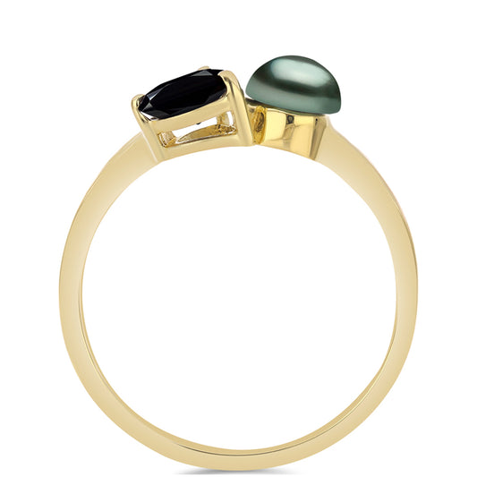 Pozlátený Strieborný Prsteň s so Sladkovodnou perlou v podobe Tahitskej zelenej ilúzie a Čiernym Spinelom z Gorno Badakhshanu