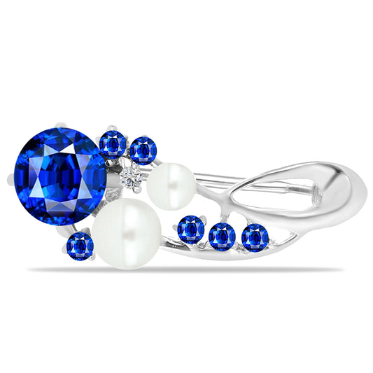 Strieborný Brošňa s Austrálskym Modrým Zafírom a so Sladkovodnou Bielou Perlou