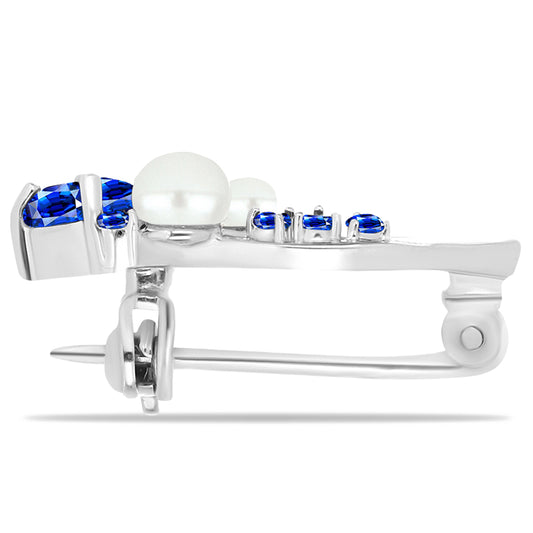 Strieborný Brošňa s Austrálskym Modrým Zafírom a so Sladkovodnou Bielou Perlou