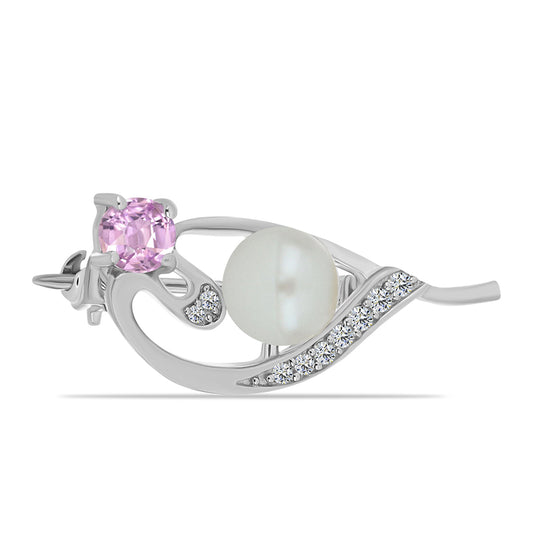 Strieborný Brošňa s Kunzitom z Pala a Bielou Kultivovanou Perlou