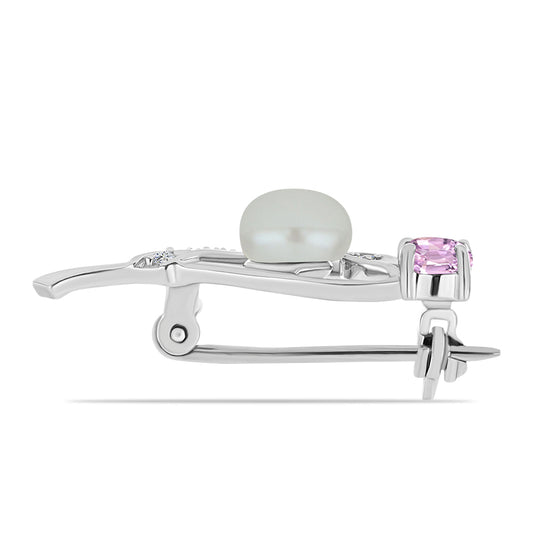 Strieborný Brošňa s Kunzitom z Pala a Bielou Kultivovanou Perlou