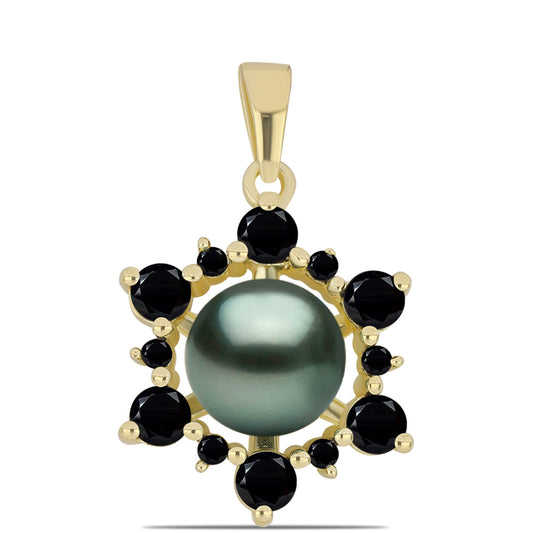 Pozlátený Strieborný Prívesok s so Sladkovodnou perlou v podobe Tahitskej zelenej ilúzie a Čiernym Spinelom z Gorno Badakhshanu
