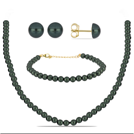 Pozlátené Strieborné Sada s so Sladkovodnou perlou v podobe Tahitskej zelenej ilúzie ( Náhrdelník+Náušnice+Náramok )
