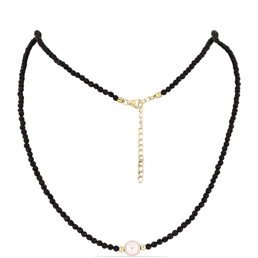 Pozlátený Strieborný Náhrdelník s Čiernym Ónyxom a Bielou Kultivovanou Perlou