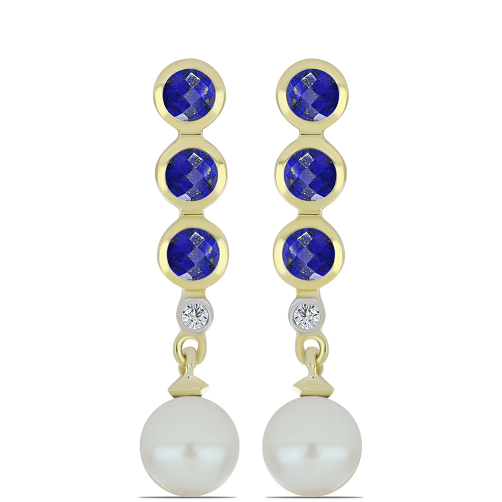 Pozlátené Strieborné Náušnice s Lapisom Lazuli a so Sladkovodnou Bielou Perlou