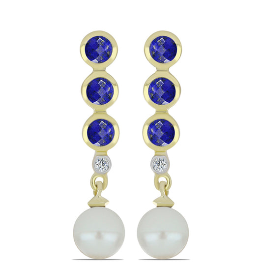 Pozlátené Strieborné Náušnice s Lapisom Lazuli a so Sladkovodnou Bielou Perlou