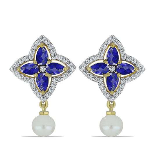 Pozlátené Strieborné Náušnice s Lapisom Lazuli a so Sladkovodnou Bielou Perlou
