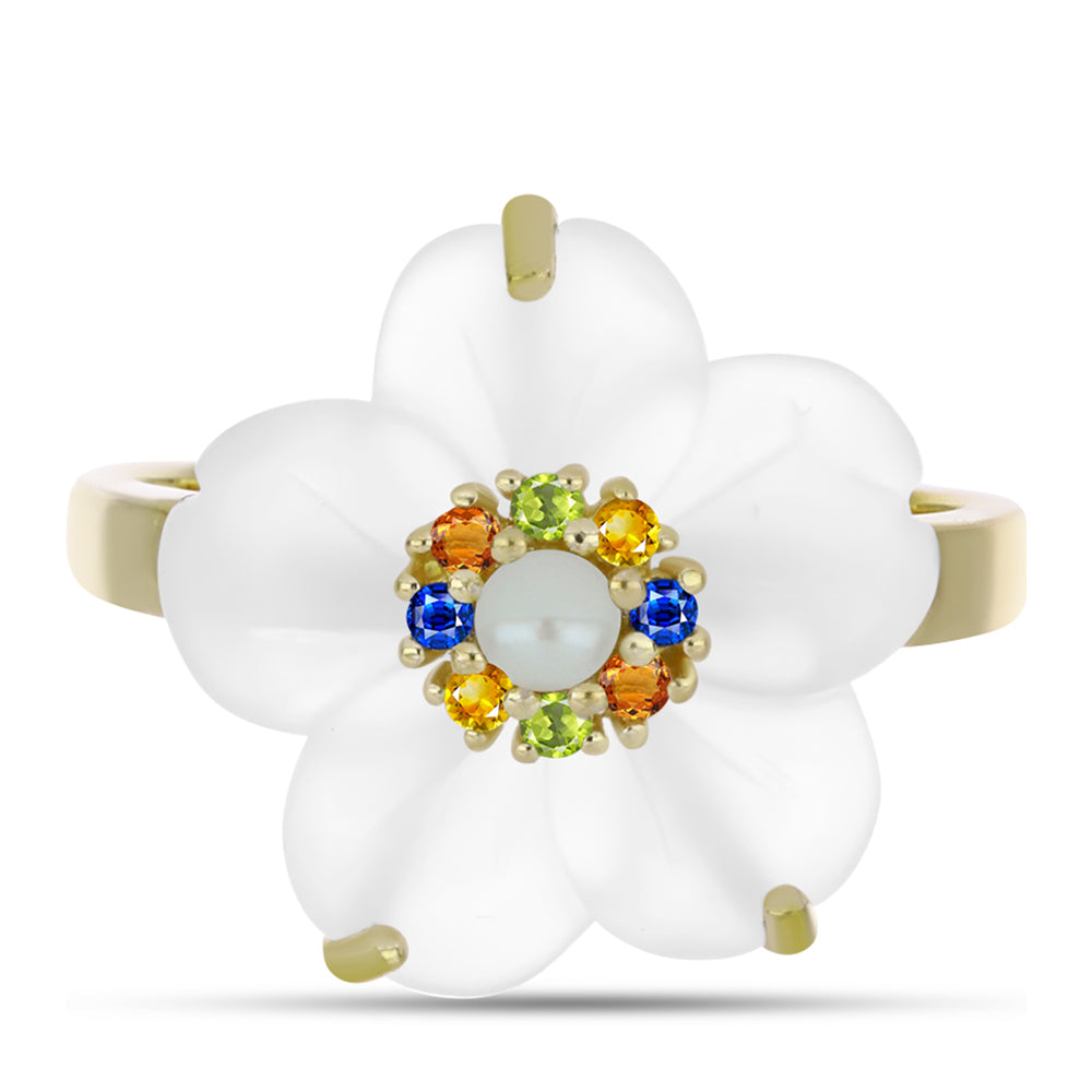 Pozlátený Strieborný Prsteň s Dúhovým Zafírom a so Sladkovodnou Bielou Perlou