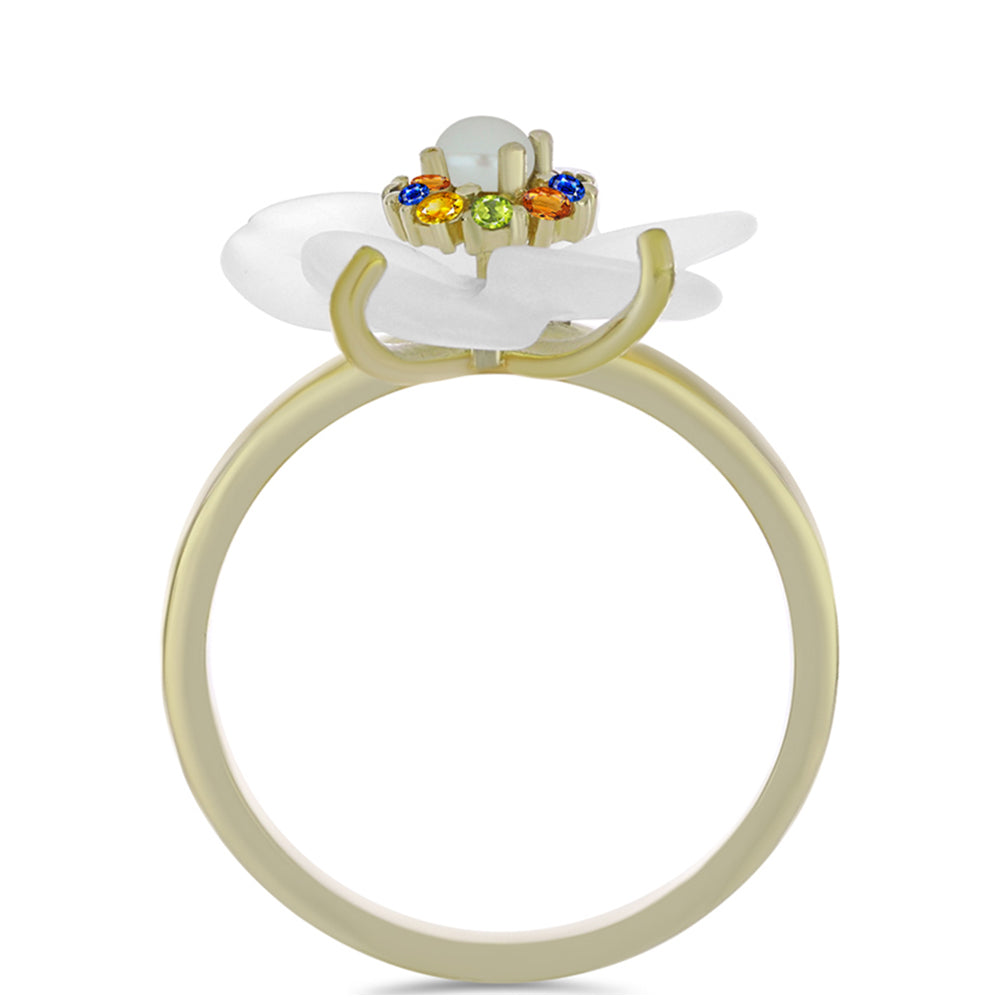 Pozlátený Strieborný Prsteň s Dúhovým Zafírom a so Sladkovodnou Bielou Perlou