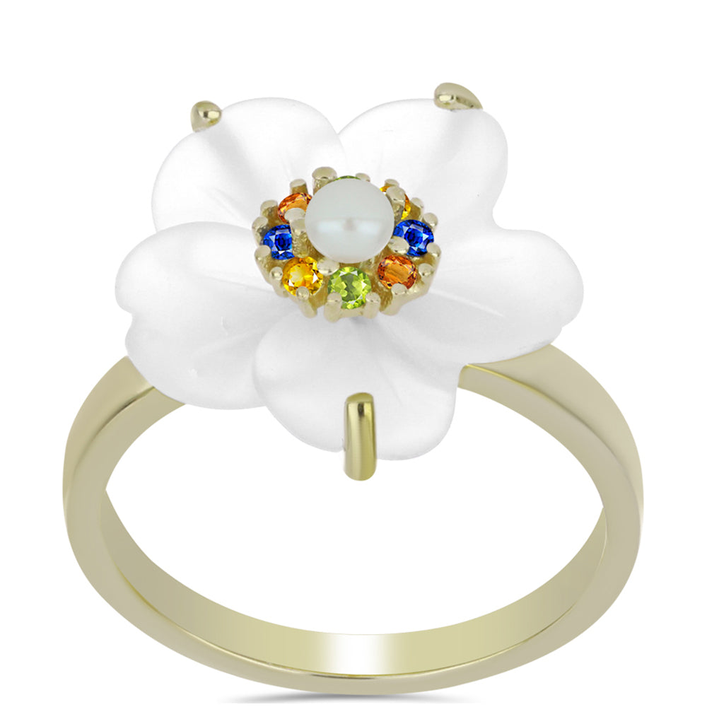 Pozlátený Strieborný Prsteň s Dúhovým Zafírom a so Sladkovodnou Bielou Perlou 3 