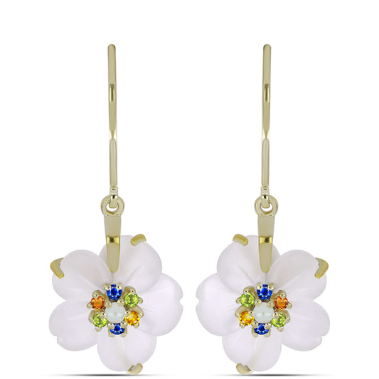 Pozlátené Strieborné Náušnice s Dúhovým Zafírom a so Sladkovodnou Bielou Perlou