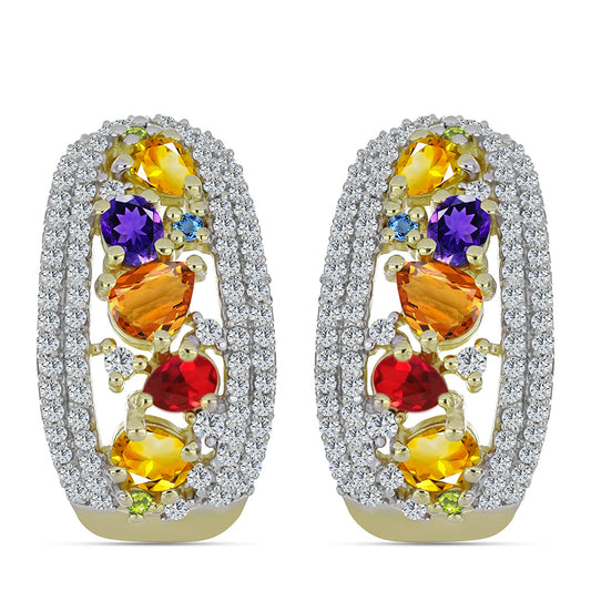 Pozlátené Strieborné Náušnice s Dúhovým Zafírom a Bielym Topásom