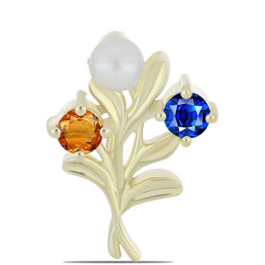 Pozlátený Strieborný Brošňa s Dúhovým Zafírom a so Sladkovodnou Bielou Perlou