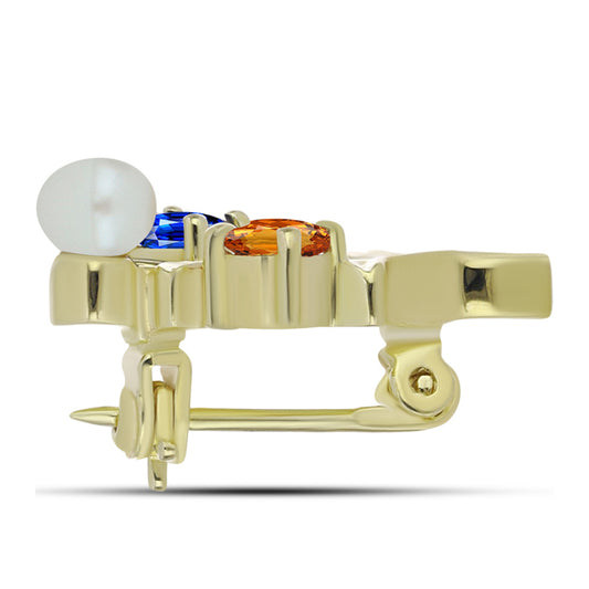 Pozlátený Strieborný Brošňa s Dúhovým Zafírom a so Sladkovodnou Bielou Perlou