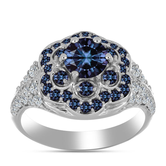 Strieborný Prsteň s "Cisársky fialový" moissanitom a Bielym Topásom