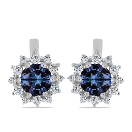 Strieborné Náušnice s "Cisársky fialový" moissanitom a Bielym Topásom