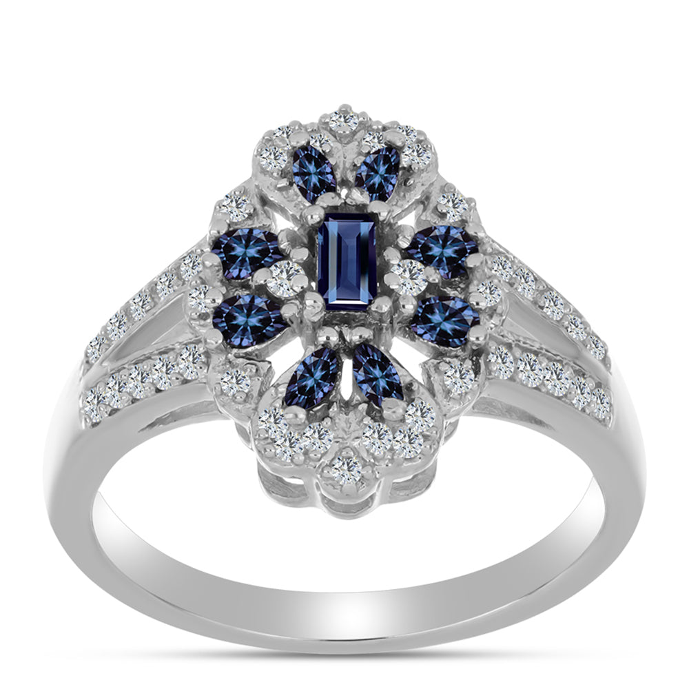 Strieborný Prsteň s "Cisársky fialový" moissanitom a Bielym Topásom