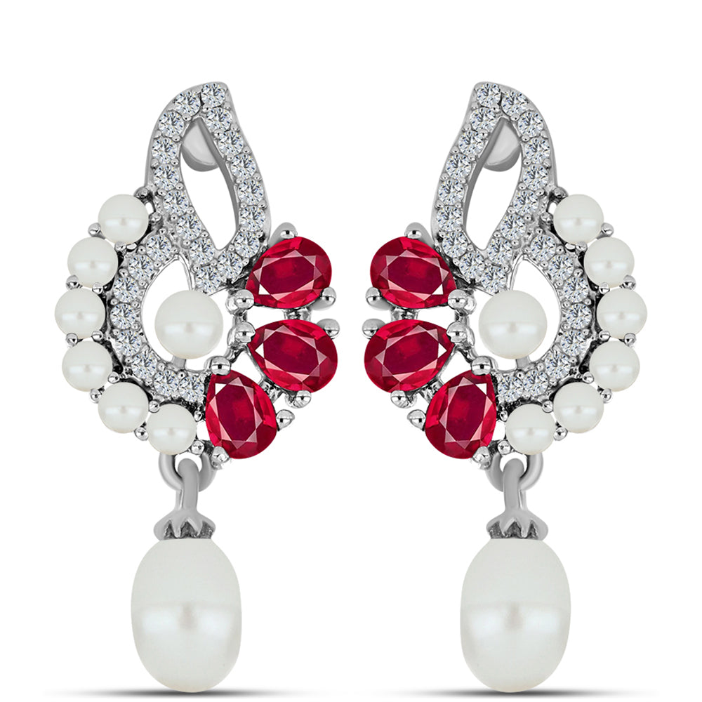 Strieborné Náušnice s Madagaskarským Rubínom a Bielou Sladkovodnou Perlou