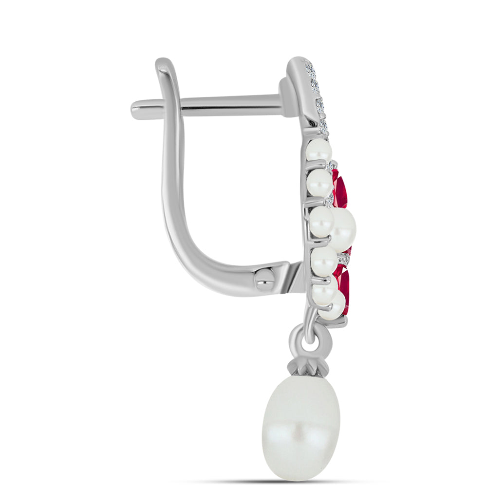 Strieborné Náušnice s Madagaskarským Rubínom a Bielou Sladkovodnou Perlou