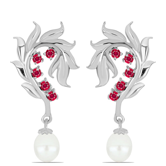 Strieborné Náušnice s Madagaskarským Rubínom a Bielou Sladkovodnou Perlou