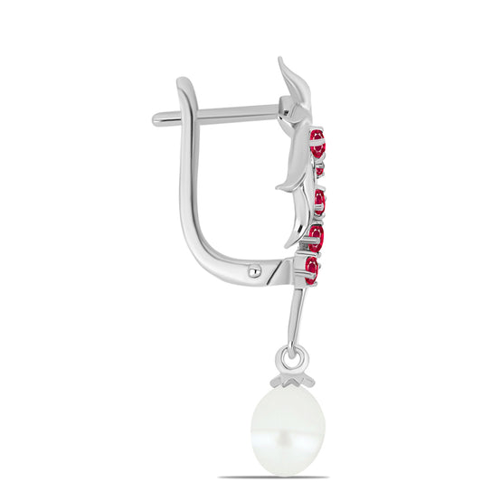 Strieborné Náušnice s Madagaskarským Rubínom a Bielou Sladkovodnou Perlou