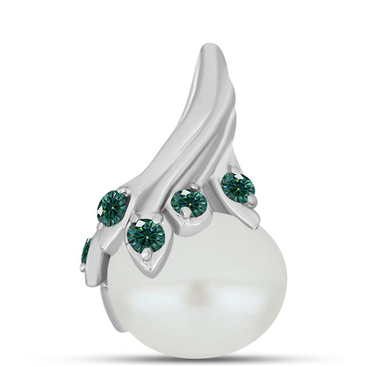 Strieborný Prívesok s Zelenkavý morsky modrý Moissanitom a Bielou Sladkovodnou Perlou