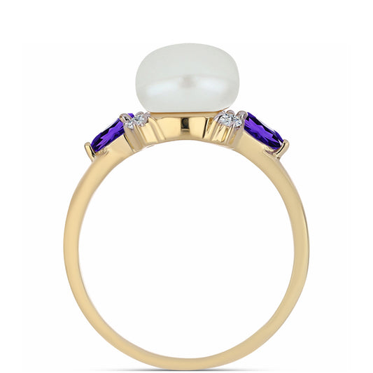 Pozlátený Strieborný Prsteň s Marockým Ametystom a Bielou Sladkovodnou Perlou