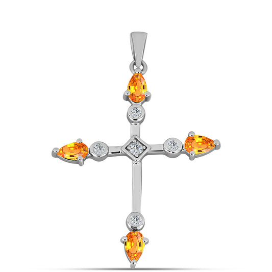 Kríž Strieborný Prívesok s Padparadscha Zafírom a Bielym Topásom