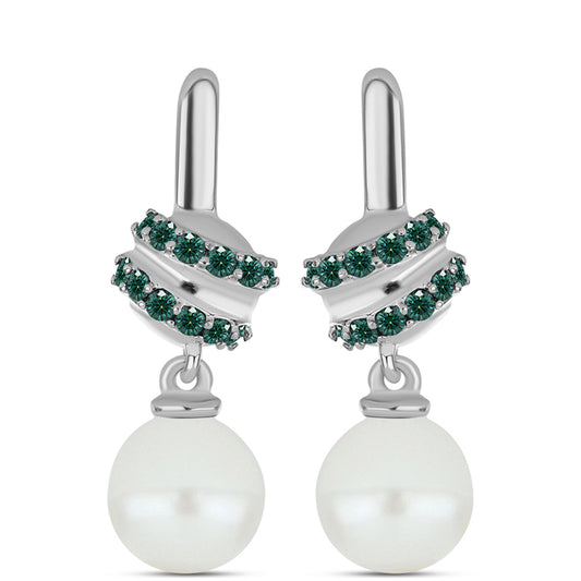 Strieborné Náušnice s Zelenkavý morsky modrý Moissanitom a Bielou Sladkovodnou Perlou
