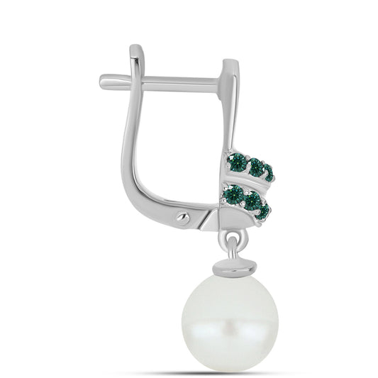 Strieborné Náušnice s Zelenkavý morsky modrý Moissanitom a Bielou Sladkovodnou Perlou